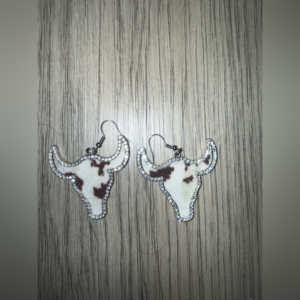 Cow‎ Print Bull Skull Earrings